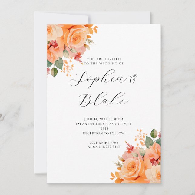 Invitación Naranja Floral Elegante Boda Blanco (Anverso)