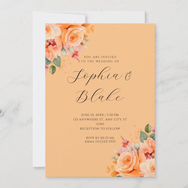 Invitación Naranja Floral Elegante Naranja Boda (Anverso)