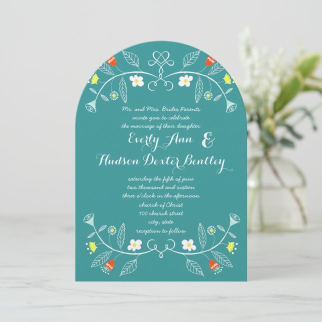 Invitación Naranja floral Folksy Forest Mint Verde azulado Bo (Anverso de pie)