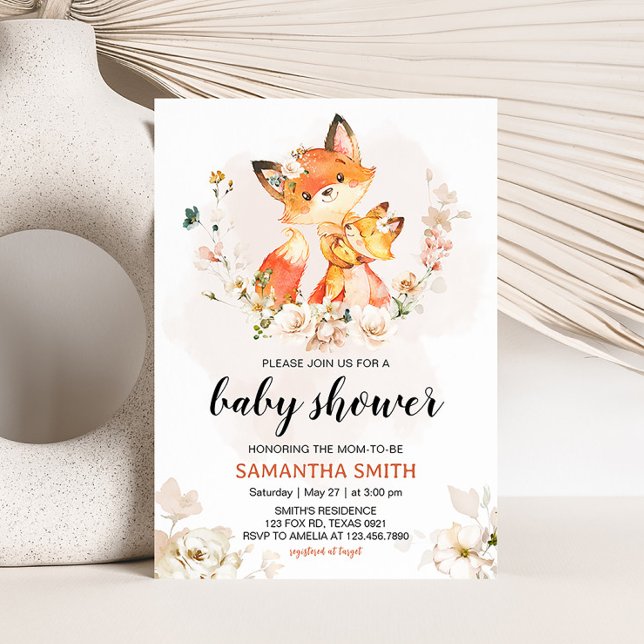 Invitación Naranja Floral Fox Baby Shower (Fox Baby Shower Invitation)
