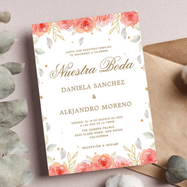 Invitación Naranja Floral Gold Nuestra Boda Boda española (Subido por el creador)