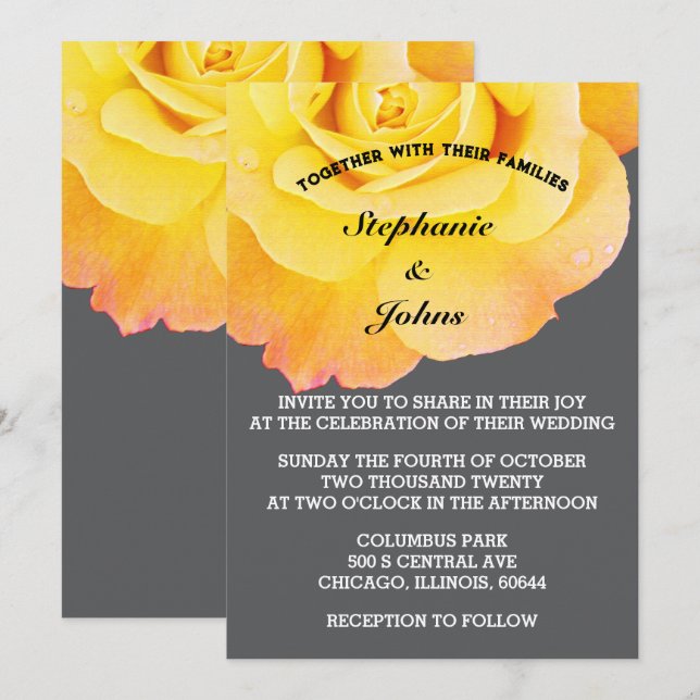 Invitación Naranja floral Gris amarillo Boda Guay Boho (Anverso / Reverso)