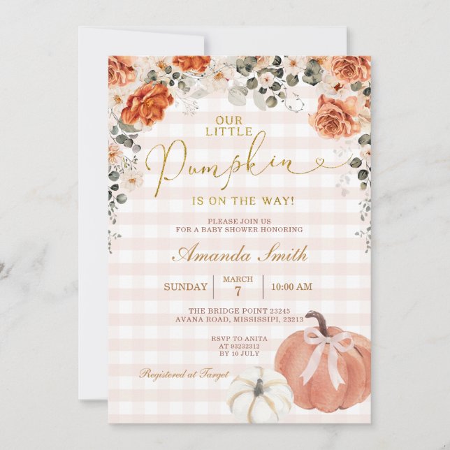 Invitación Naranja Floral Little Pumpkin Gingham Baby Shower (Anverso)
