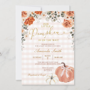 Invitación Naranja Floral Little Pumpkin Gingham Baby Shower