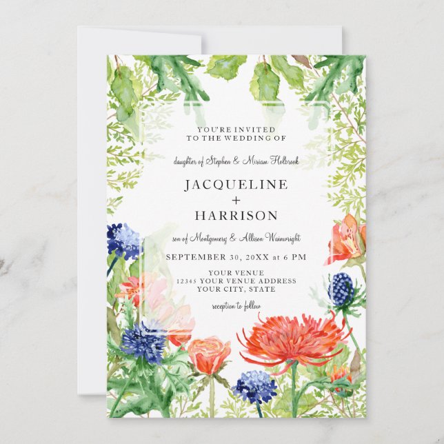 Invitación Naranja floral moderno Boda de coral de la Marina (Anverso)