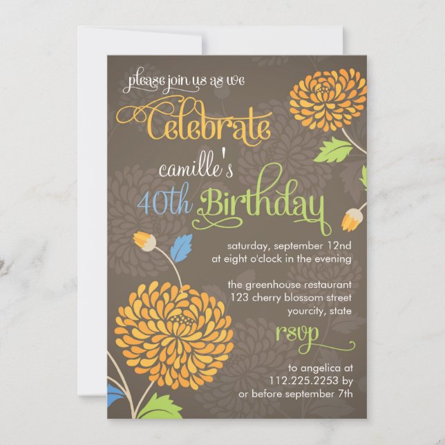 Invitación Naranja floral moderno y fiesta de cumpleaños marr (Anverso)