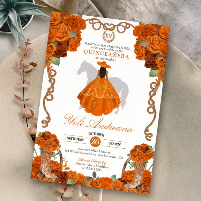 Invitación Naranja Floral Occidental Charra Quinceanera (Subido por el creador)