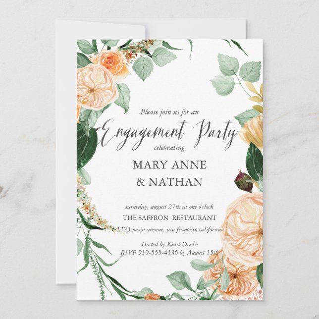 Invitación Naranja floral PARTIDO DE PARTICIPACIÓN Boda de ve (Anverso)