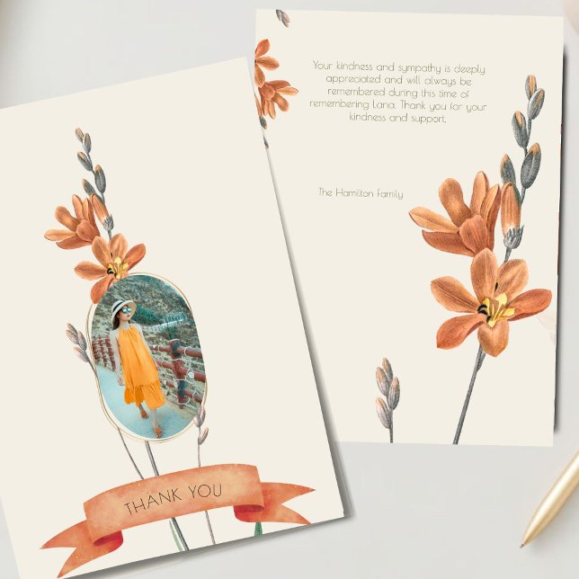 Invitación Naranja Floral Photo Funeral Sympathy Gracias (Subido por el creador)