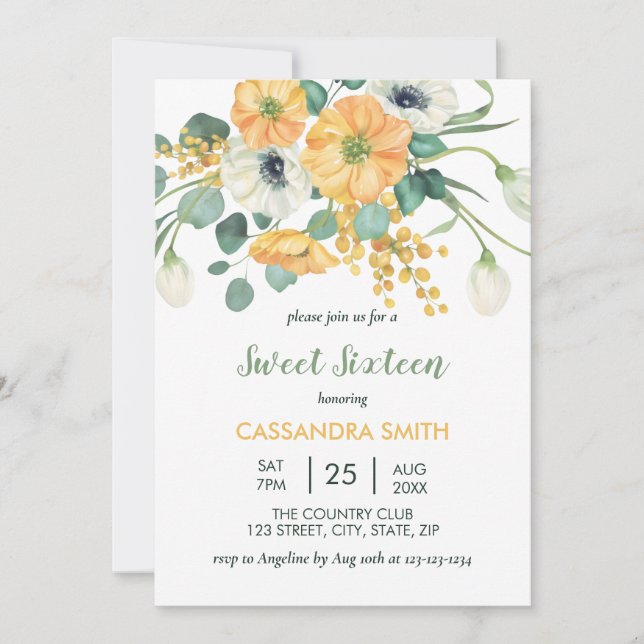 Invitación Naranja floral primaveral y cumpleaños de anémona  (Anverso)