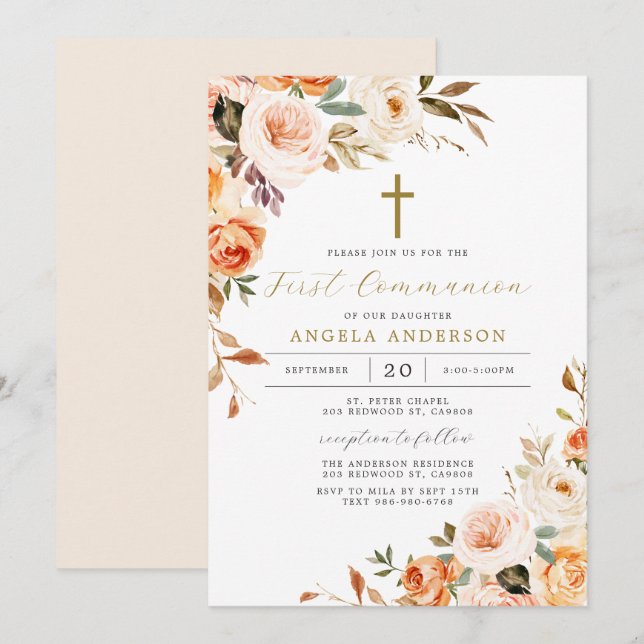Invitación naranja Floral Primera Comunión (Anverso / Reverso)