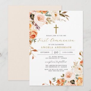 Invitación naranja Floral Primera Comunión