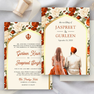 Invitación Naranja Floral Punjabi Anand Karaj Sikh Boda