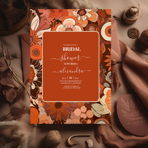 Invitación Naranja floral retro groovy nupcial