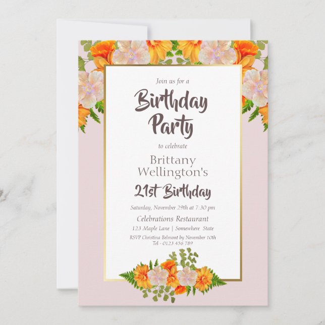 Invitación Naranja Floral Rosa 21ª Fiesta de cumpleaños (Anverso)