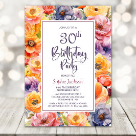 Invitación Naranja Floral Rosa 30 Fiesta de cumpleaños