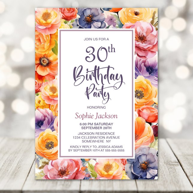Invitación Naranja Floral Rosa 30 Fiesta de cumpleaños (Subido por el creador)