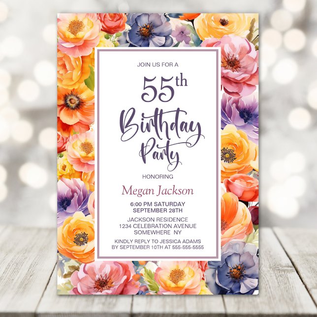 Invitación Naranja Floral Rosa 55ª fiesta de cumpleaños (Subido por el creador)