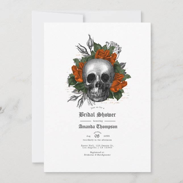 Invitación Naranja Floral Skull Gothic Bridal Shower (Anverso)