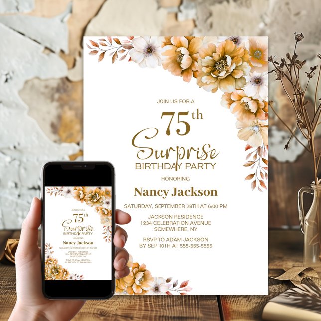 Invitación Naranja Floral Surprise Fiesta de Cumpleaños 75 (Subido por el creador)