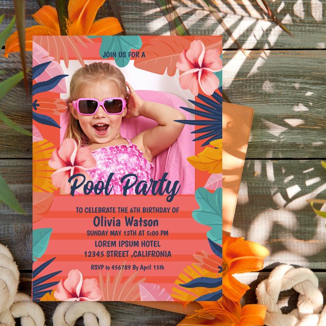 Invitación Naranja Floral tropical Aloha Luau Foto de cumplea (Subido por el creador)