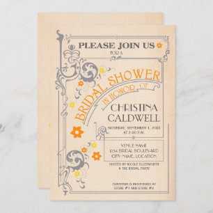Invitación Naranja Floral Vintage  Gray Bridal Shower