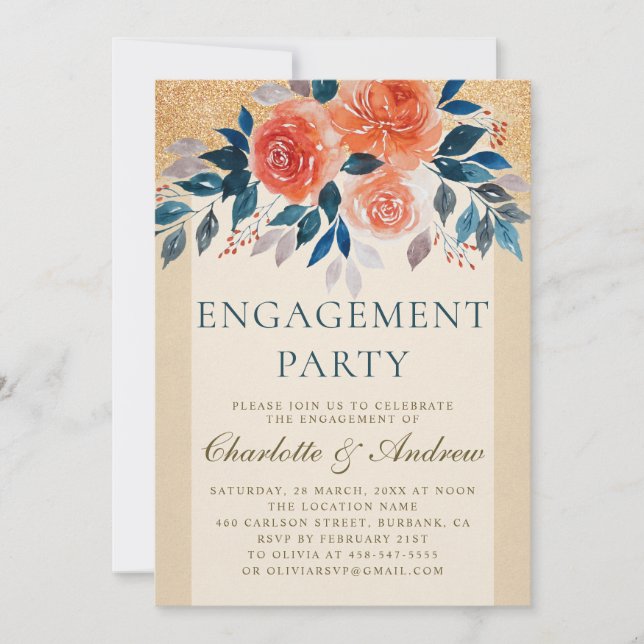 Invitación Naranja Floral Watercolor Elegante Partido de Comp (Anverso)