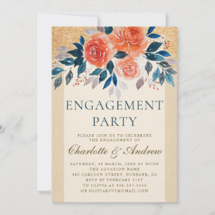 Invitación Naranja Floral Watercolor Elegante Partido de Comp