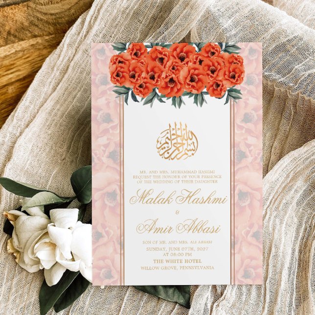 Invitación Naranja Floral y marco dorado Boda musulmana islám (Subido por el creador)