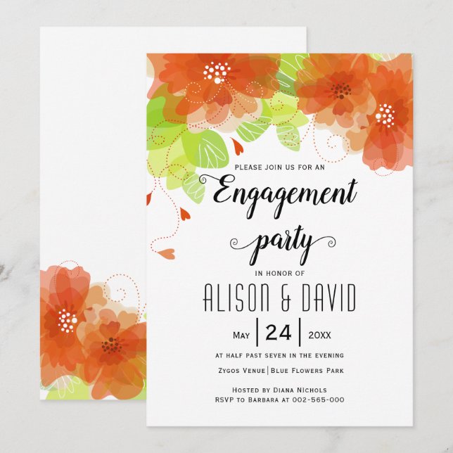 Invitación Naranja flores boda fiesta de compromiso (Anverso / Reverso)