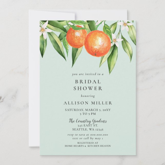 Invitación Naranja Flores Citrus Ducha Botánica Bridal (Anverso)