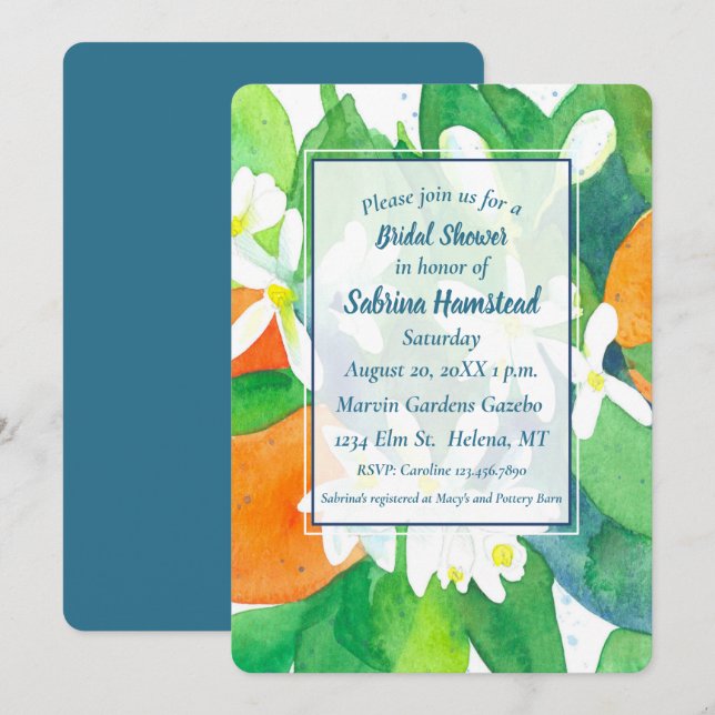 Invitación Naranja Flores Citrus Fruit Bridal Shower (Anverso / Reverso)