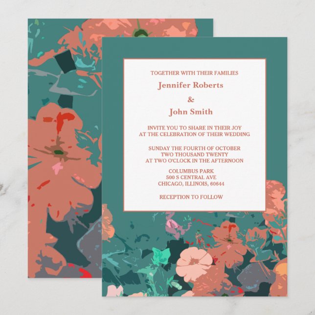 Invitación Naranja Flores de Ensalado Floral Boda de Arte de  (Anverso / Reverso)