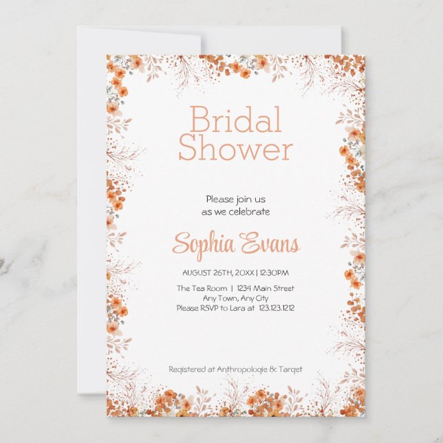 Invitación Naranja Flores Fronteriza con ducha de novia blanc (Anverso)