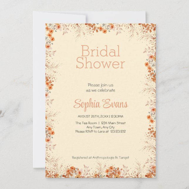 Invitación Naranja Flores Fronteriza Con Ducha De Novias Amar (Anverso)
