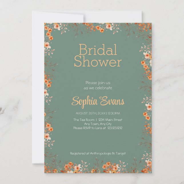 Invitación Naranja Flores Fronteriza Con Ducha De Novias Verd (Anverso)