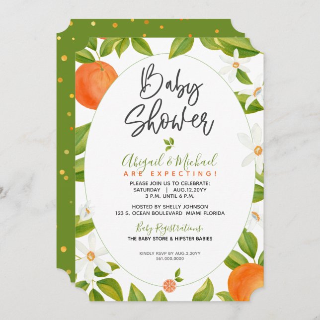 Invitación Naranja Flores Género Cítrico Neutral Baby Shower (Anverso / Reverso)