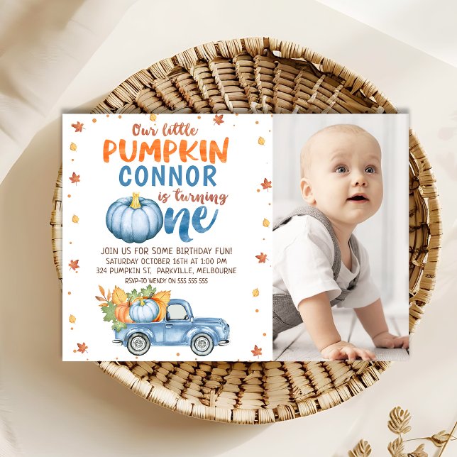 Invitación Naranja fotográfico Calabaza Azul Primer cumpleaño (Pumpkin 1st Birthday Invitation, Little Pumpkin 1st Birthday Invitation Template Boy, Pumpkin Truck )