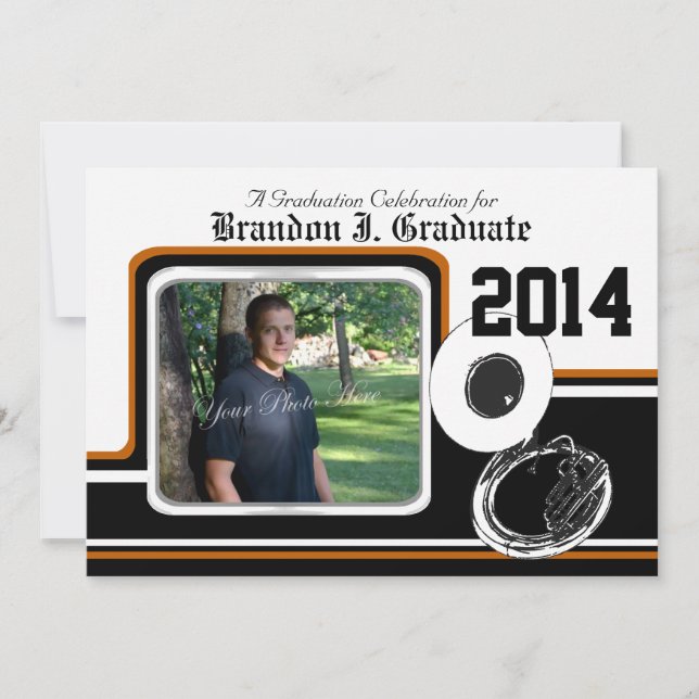 Invitación Naranja fotográfico de graduación de banda de marc (Anverso)