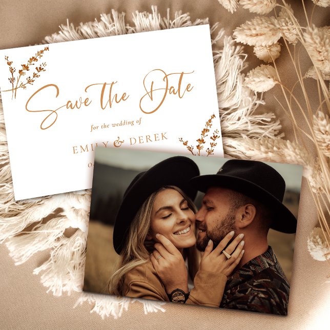 Invitación Naranja fotográfico Minimalista Boho Boda floral (Subido por el creador)