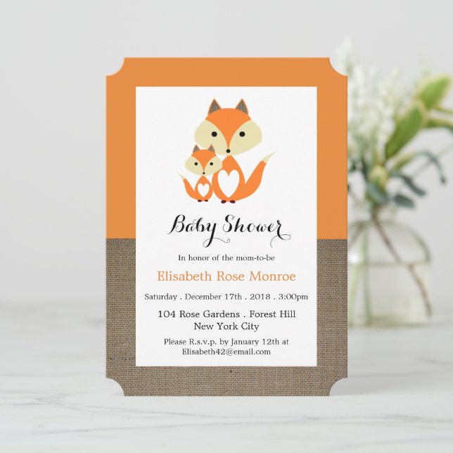 Invitación Naranja Fox Burlap Baby Shower (Anverso de pie)