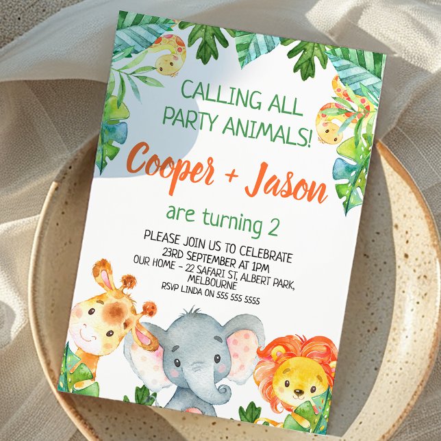 Invitación Naranja Gemelos verdes Fiestas animales Safari Cum (Twin Boys Safari Birthday Invitation, Jungle Animals Birthday Invite For Twin Boys Joint Birthday )