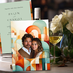 Invitación Naranja geométrico Boda azul turquesa