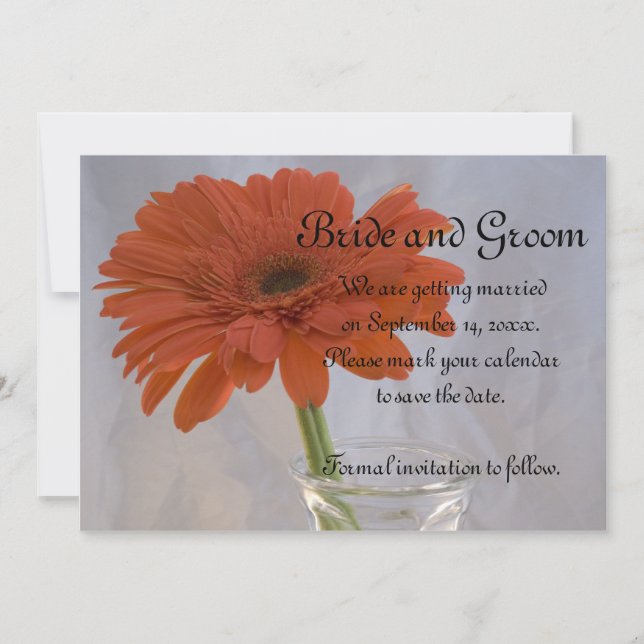 Invitación Naranja Gerber Daisy en Boda de Casas Salven la fe (Anverso)