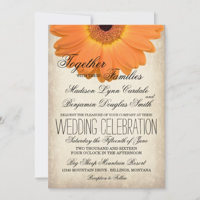 Invitación Naranja Gerber Daisy - Invitan a una boda por país (Anverso)