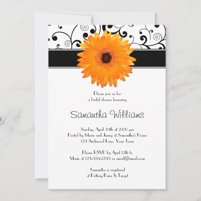 Invitación Naranja Gerbera Daisy Black Scrodal Shower (Anverso)