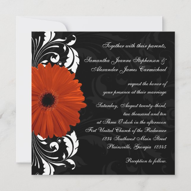 Invitación Naranja Gerbera Daisy con pergamino blanco y negro (Anverso)