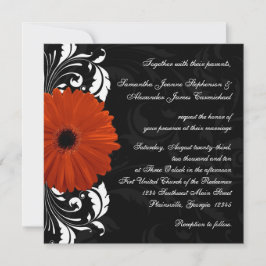 Invitación Naranja Gerbera Daisy con pergamino blanco y negro