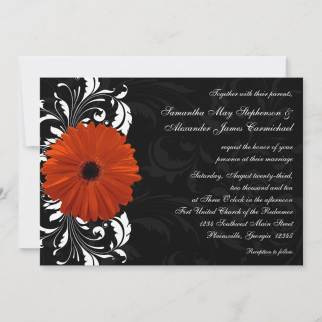 Invitación Naranja Gerbera Daisy con pergamino blanco y negro