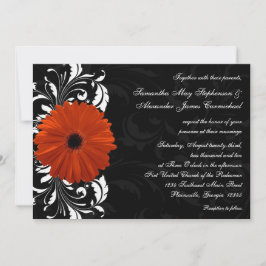 Invitación Naranja Gerbera Daisy con pergamino blanco y negro
